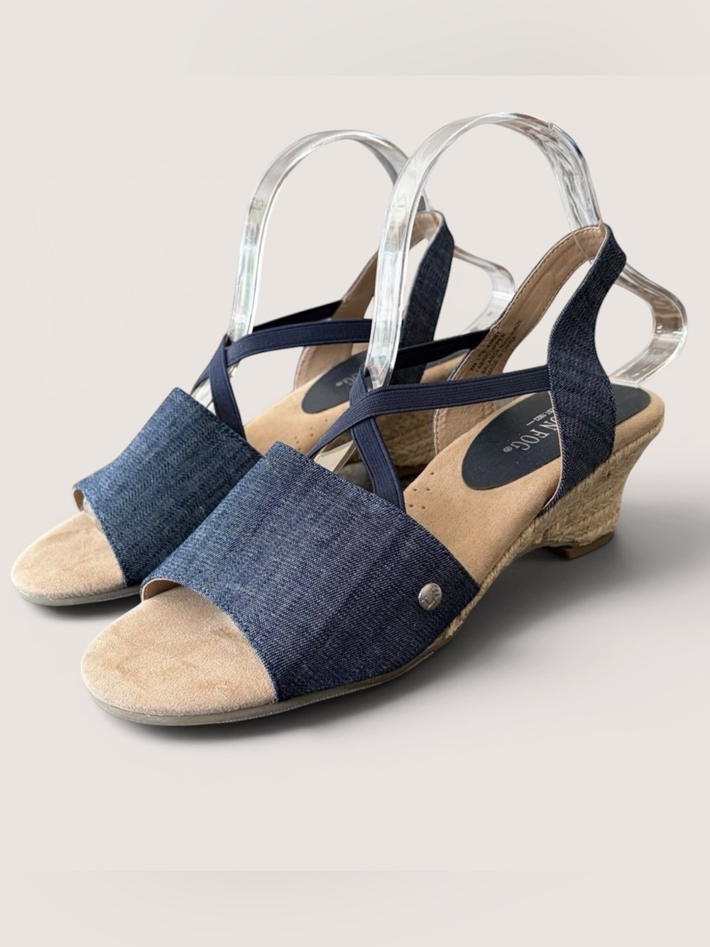 London Fog Navy Denim-Style Wedge Sandals with Elastic Cross Straps